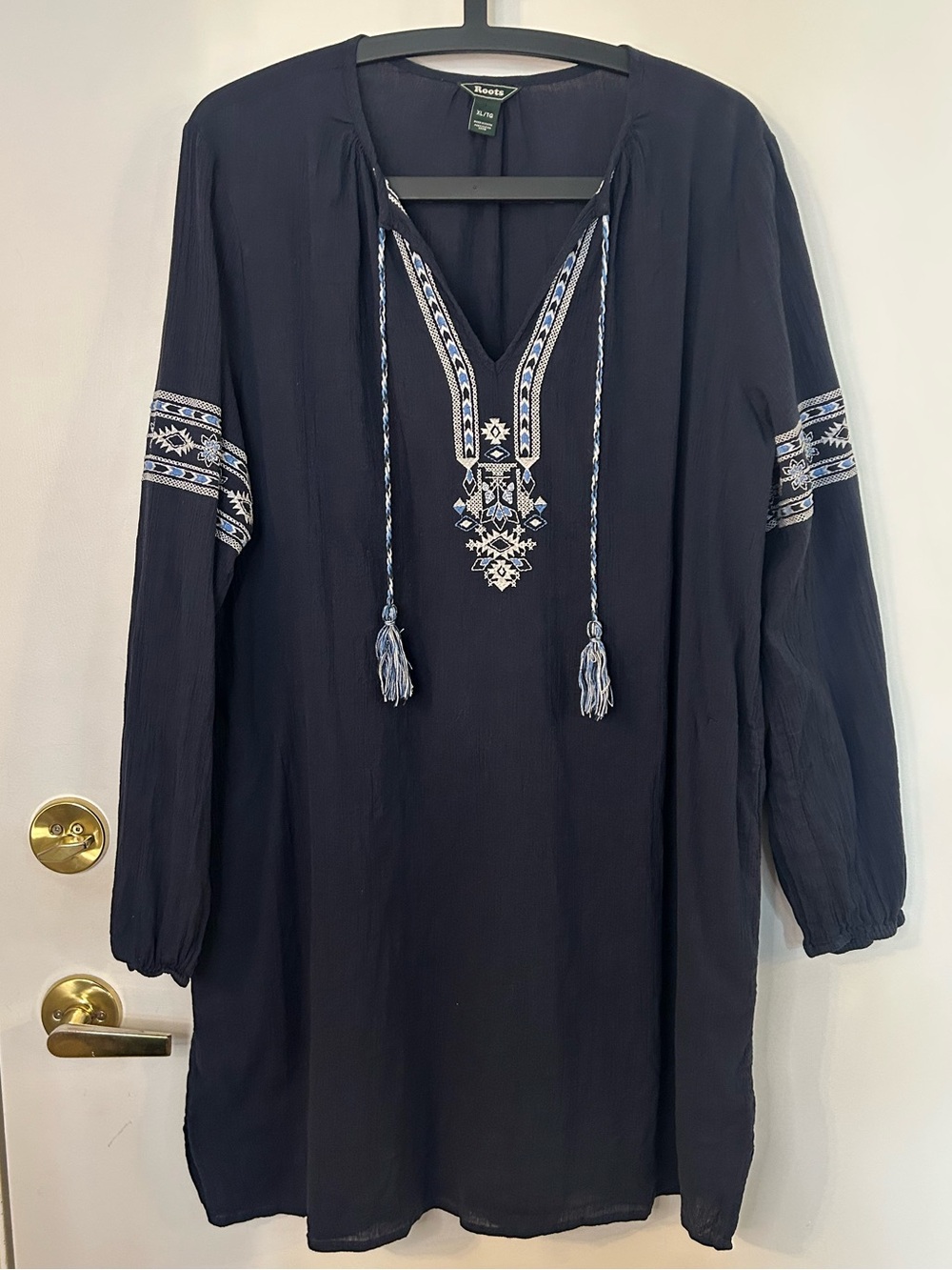 Roots Women’s Navy Blue Embroidered BohoTunic Dress with Tassels Size XL
